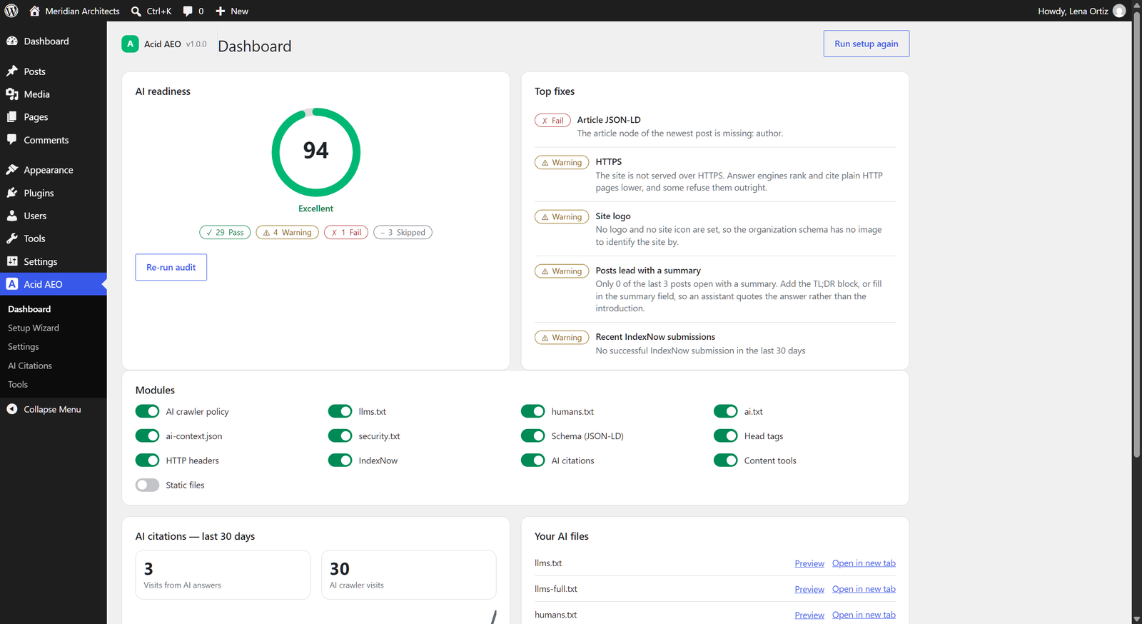 Acid AEO dashboard: the readiness score, the top fixes, every module as a switch, AI citations and links to each generated file