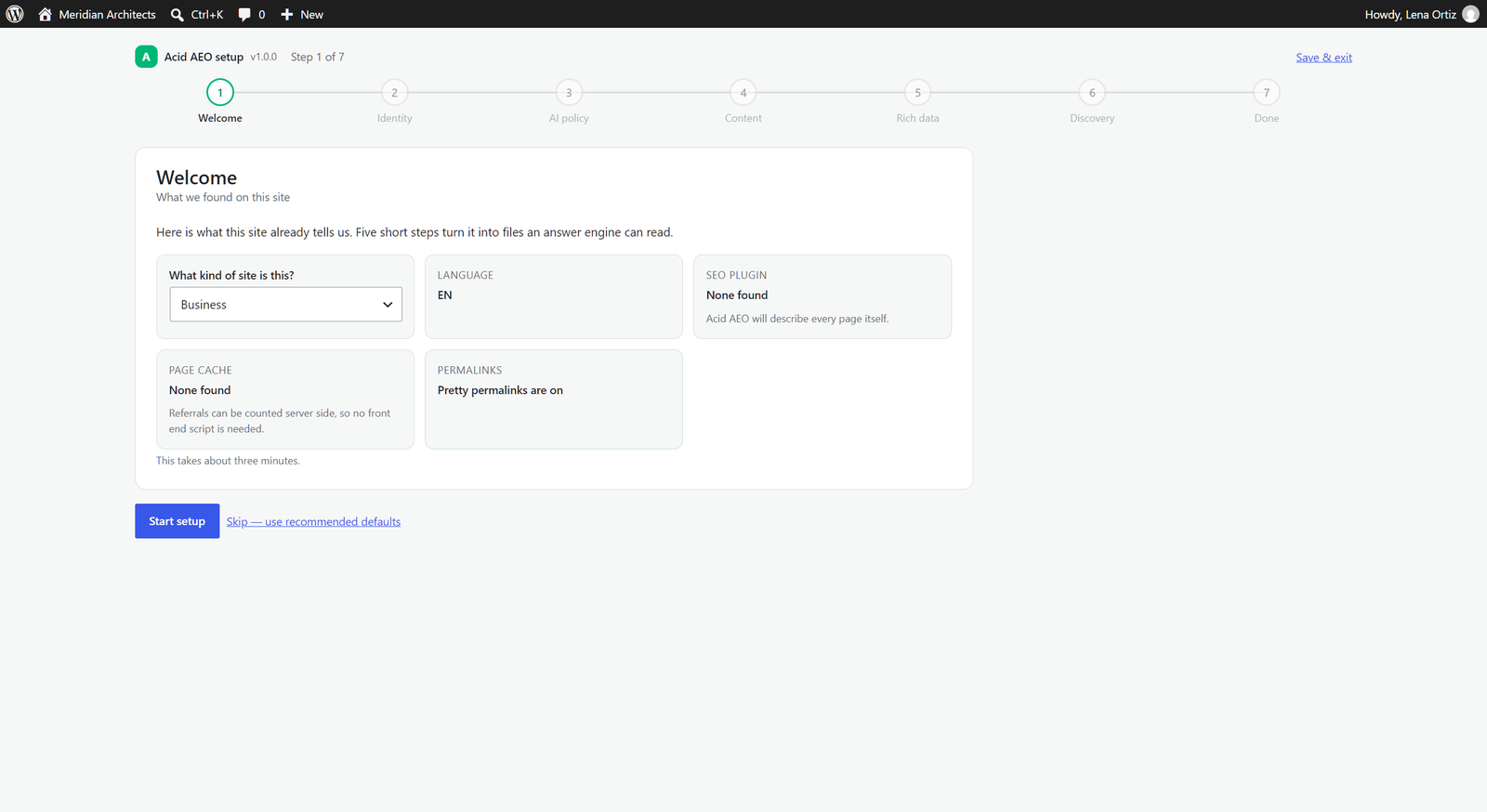 Acid AEO setup wizard, step 1 of 7: what the plugin already found on the site — site type, language, SEO plugin, page cache and permalinks