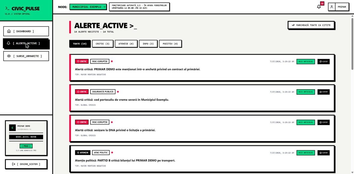 CivicPulse AI — inbox-ul de alerte cu filtre pe severitate și articolele care susțin fiecare alertă (date demo)